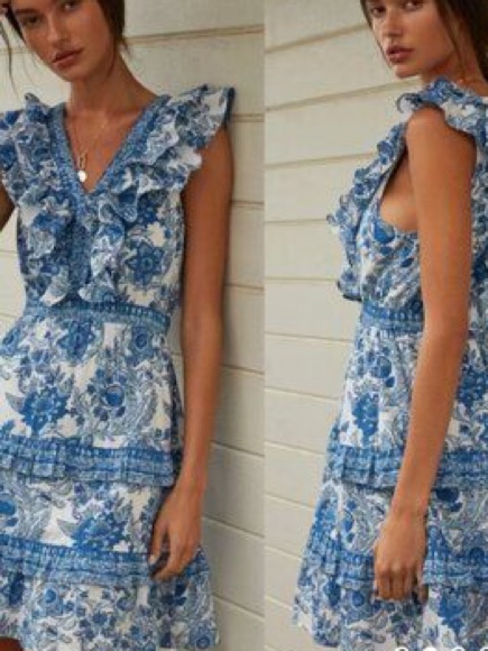 Blue Floral Ruffle V-Neck Tiered Dress